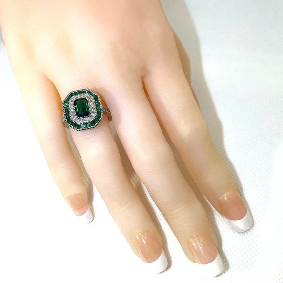 Art Deco FAUX Emerald & Diamond Ring - Size 5 thru 8 - Picture 6 of 9